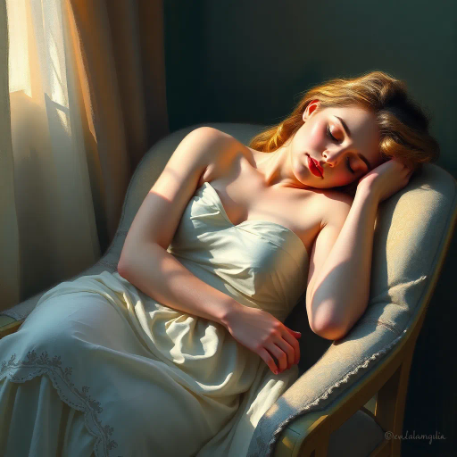 tranquil scene, woman, sleeping, seated on chair, delicate posture, soft ambient light, serene expression, gentle repose, impressionist touch, pastel colors, dreamlike atmosphere, elegant curves, calming mood, ethereal glow, romanticism, calm tranquility, subtle shadows, relaxed muscles, atmospheric depth, peaceful dreamscape, soothing composition, reposed stillness, intimate setting, classical influence, fine details, harmonious balance, reflective bliss, soothing aura, Claude Monet, James McNeill Whistler, impressionism, soft brushstrokes, gentle hues, layered textures, chiaroscuro, serene ambiance, evocative tranquility, poetic stillness, timeless elegance