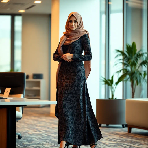 elegant Arab lady, wearing a hijab, at work, professional setting, high heels, modern office environment, intricate patterns, Middle Eastern cultural influence, dynamic composition, soft color palette, warm lighting, attention to detail, expressive posture, contemporary fashion, balance of tradition and modernity, subtle elegance, reflective mood, sophisticated atmosphere, artistic representation, symbolic strength, nuanced textures, harmonious blend of elements