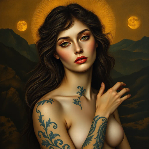 ethereal portrait, Venus of Urbino, touches of Caravaggio, chiaroscuro lighting, intricate tattoo design, renaissance influence, golden hues, surreal landscape, gentle curvature, expressive eyes, full body composition, enigmatic allure, Baroque elegance, luxurious textures, modern reinterpretation, vibrant contrast, dynamic pose, emotional depth, natural beauty, sensuality, mythological essence, timeless grace, delicate balance, harmonious flow, sophisticated aura