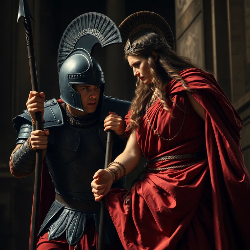 Visigothic warrior, Roman lady, Sack of Rome 410CE, epic historical scene, dramatic lighting, chiaroscuro, intricate armor details, flowing Roman garments, realism, dynamic composition, intense mood, historical figures, late antiquity, turbulent atmosphere, powerful symbolism, conflict and culture clash, intense emotions, classical architecture, ruin and decay, grand scale, meticulous textures, tension and movement, aged patina, historical authenticity, evocative storytelling, warriors in action, contrast and harmony, rich color palette, accurate period costumes