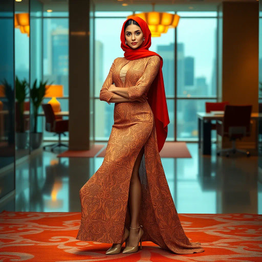 elegant Arab woman, professional attire, hijab, modern workplace, high heels, contrasting cultural fusion, vibrant Middle Eastern influences, contemporary art style, dynamic composition, intricate patterns, vibrant color palette, soft ambient lighting, dynamic posing, cultural expression, delicate textiles, confident and empowering presence, grace, poise, diverse representation, fusion of modern and traditional elements, Impressionism influences, human form depiction, advanced digital techniques, refined textures, bold symbolism, artistic influences, balance, harmony, surreal lighting, empowered femininity, Gustav Klimt inspiration, Art Nouveau elegance, intricate detailing, cultural narrative, sophisticated sophistication, modernism, representation and empowerment