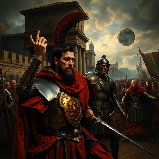 historical drama, Alaric the Visigoth, romanticism, chaos and beauty, dynamic contrasts, dramatic lighting, Caravaggio, ancient Roman architecture, Baroque influences, visceral textures, chiaroscuro, epic scale, historical siege, emotional intensity, warrior spirit, elegant Roman fashion, cultural collision, rich color palette, detailed armor design, classical influence, atmospheric tension, movement and stillness, dramatic perspectives, narrative storytelling, art of war, historical narrative