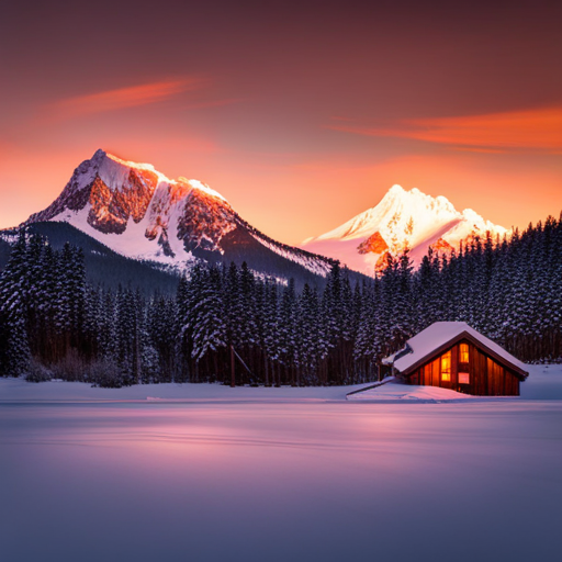 snowy peak, panoramic view, pine trees, sunset glow, cozy cabin, winter wonderland, wood textures, crisp air, warm lights, rocky terrain, remote location, frozen lake, dramatic sky, alpine scenery