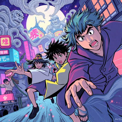 dynamic movement, vibrant line work, expressive characters, dramatic angles, Studio Ghibli influence, neon lighting, nostalgic atmosphere, Taisho era inspiration, intricate backgrounds, pastel color palette, stylized action, emotional storytelling, Ukiyo-e references, high-contrast shading, fantastical elements, layered compositions, cultural symbolism, epic adventure, visual storytelling, cinematic framing, detailed facial expressions