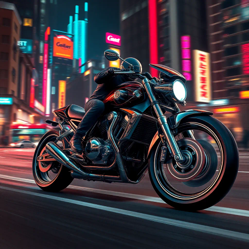 futuristic motorcycle, sleek design, dynamic movement, vibrant neon lighting, retro-futurism aesthetics, Ralph McQuarrie influence, cyberpunk cityscape, speed and energy, chrome finishes, intricate mechanical details, kinetic composition, bold contrasts, urban night setting, digital rendering techniques, motion blur, concept art, streamlined form, synthetic materials, high contrast shadows, immersive environment