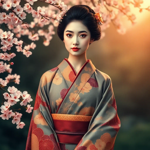 Japanese woman, elegant kimono, vibrant silk, cherry blossoms, serene gaze, Katsushika Hokusai influence, Meiji era, soft ambient lighting, tranquil garden, flowing patterns, delicate brush strokes, cultural heritage, warm hues, sakura petals, traditional hairstyle, yin-yang balance, refined composure, intricate embroidery, artistic grace, harmonious composition, ethereal aura, timeless beauty, tranquil aura, immersive narrative