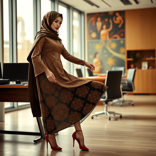 elegant Arab lady, wearing a hijab, professional setting, modern office, sophisticated heels, intricate details, inspired by Gustav Klimt, contemporary Middle Eastern art, vibrant colors, chiaroscuro lighting, dynamic composition, cultural symbolism, graceful movement, warm color palette, 21st-century workspace, empowering presence, sleek textures, harmonious balance, nuanced expressions, artistic storytelling, influenced by Islamic art, intricate patterns, blending tradition and modernity