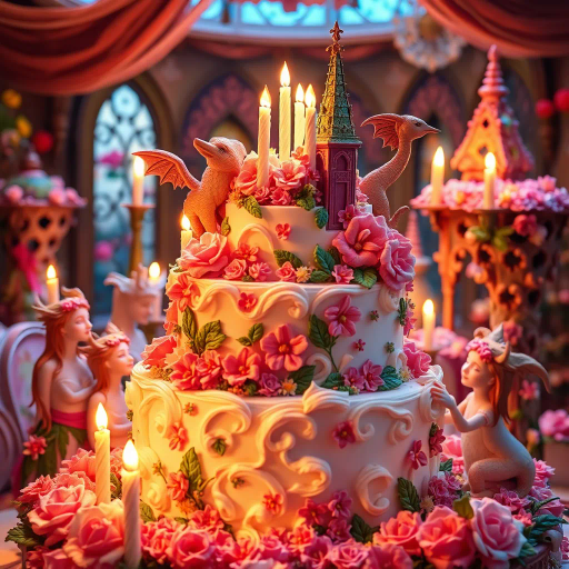 whimsical, birthday celebration, cake, enchanted, vibrant colors, magical realism, intricate details, soft lighting, elaborate decorations, medieval banquet, fairytale setting, sugar sculptures, candied flora, ethereal glow, mythical creatures, renaissance feast, surreal elements, charming, enchanting atmosphere, joyous ambiance, warm tones, rococo influences, dreamlike landscape, festivity, imagination