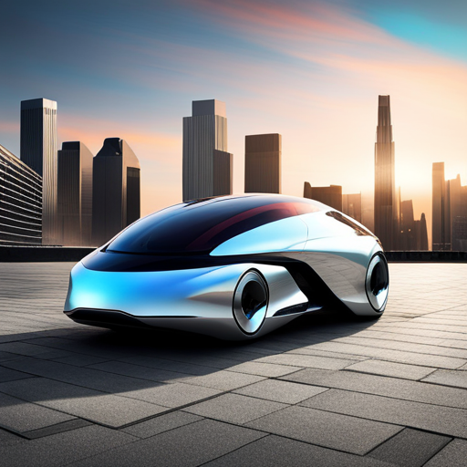 Futuristic design meets high-tech sci-fi in a sleek and aerodynamic concept. The AI-controlled vehicle features carbon-fiber components and asymmetrical shapes, with holographic and neon-lit accents. Levitating above the ground, the dynamic and chrome-plated jet-inspired vehicle is transparent and modular, with fast movement and a high-tech vibe.