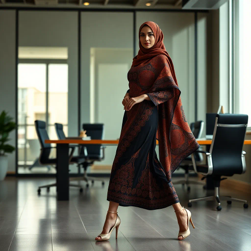 elegant Arab lady, wearing a hijab, professional setting, modern office, sophisticated heels, intricate details, inspired by Gustav Klimt, contemporary Middle Eastern art, vibrant colors, chiaroscuro lighting, dynamic composition, cultural symbolism, graceful movement, warm color palette, 21st-century workspace, empowering presence, sleek textures, harmonious balance, nuanced expressions, artistic storytelling, influenced by Islamic art, intricate patterns, blending tradition and modernity