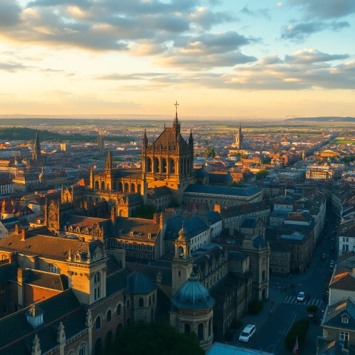 medieval cityscape, perched on a hill, sprawling architecture, Gothic spires, Renaissance influence, golden hour lighting, warm hues, intricate textures, panoramic view, dynamic composition, dramatic perspective, vivid colors, bustling streets, atmospheric mood, historical charm, architectural brilliance, clouds and sky contrast, John Constable inspiration, balance and movement, rich detail, timeless beauty, architectural harmony, sweeping horizon, romantic allure, dynamic energy, cultural crossroads
