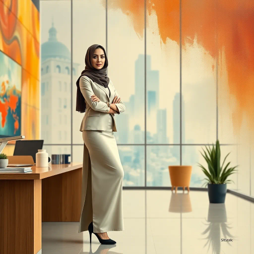 elegant Arab woman, professional attire, contemporary workspace, office heels, Gustav Klimt influence, modern Middle Eastern architecture, vibrant color palette, sleek design, impressionistic brushwork, soft lighting, abstract background, cultural elegance, dynamic composition, intricate details, confident pose, modern feminism, silky textures, poised expression, harmonious balance, cultural identity, visual storytelling, bustling ambiance