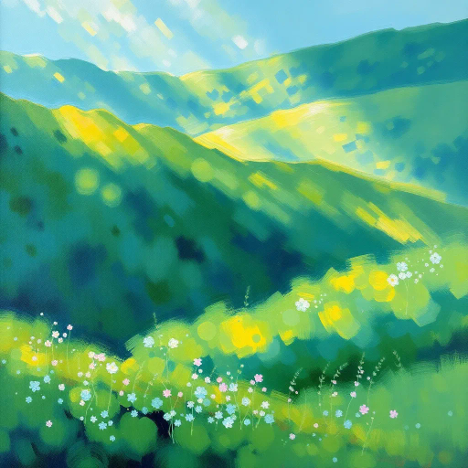 lush landscape, serene beauty, ethereal lighting, Claude Monet, impressionist textures, verdant greens, tranquil blues, dappled sunlight, harmonious composition, nature's tranquility, rolling hills, painterly brushstrokes, soft focus, vibrant hues, abstract realism, atmospheric depth, calming atmosphere, dynamic balance, serene vistas, timeless elegance, organic forms, earthy tones, poetic ambiance, gentle movement, picturesque scenery