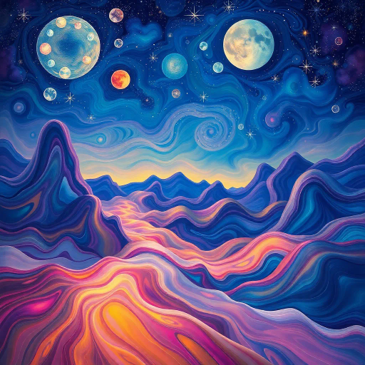 ethereal dreams, surreal landscape, vibrant colors, flowing textures, magical realism, soft lighting, Salvador Dali influences, tranquility, dreamscape, starry night, whimsical elements, peaceful slumber, abstract shapes, gentle curves, serene mood, imaginative world, lucid dreaming, otherworldly atmosphere, intricate details, harmonious balance