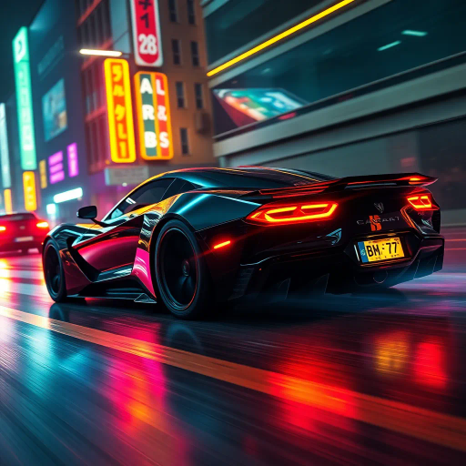 sleek sports car, futuristic design, synthwave aesthetic, vibrant neon colors, dramatic lighting, dynamic angles, glossy finish, cyberpunk influence, speed and motion, urban environment, atmospheric glow, night scene, reflections, cutting-edge technology, streamlined form, retro-futuristic elements, contrast and depth, racing spirit, digital landscape, visual impact