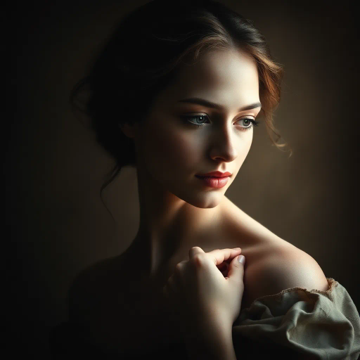 portrait, female figure, Renaissance elegance, chiaroscuro lighting, soft gradients, rich textures, delicate hues, classical beauty, expressive pose, serene expression, Michelangelo-inspired, intricate details, timeless allure, harmonious composition, gentle curves, Baroque influence, warm undertones, poetic calm, ethereal presence, artistic grace