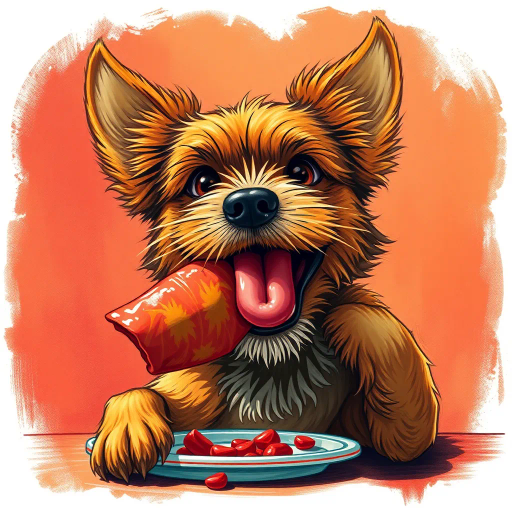 playful canine, gourmet delicacy, vibrant hues, dynamic pose, contemporary surrealism, rich textures, illustrative realism, intricate detailing, warm lighting, expressive eyes, classic composition, whimsical narrative, contrasting shadows, organic forms, emotional depth, modernist influences, vibrant palette, joyful ambiance, culinary elements, movement captured, creative expression, juxtaposition of elements, cultural symbolism, allegorical representation