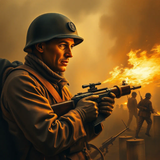 WW1, flamethrower soldier, historical drama, vibrant realism, chiaroscuro lighting, dynamic composition, sepia tones, gritty textures, oil painting influences, military warfare, intense emotion, soldier's resolve, heart of battle, smoke and fire, dramatic perspective, visceral movement, cultural turmoil, industrial warfare, early 20th century, intricate detail, war-torn landscape, heroism, harrowing atmosphere, somber mood, historical narrative, Rembrandtian shadows, impressionistic brushwork, atmospheric haze