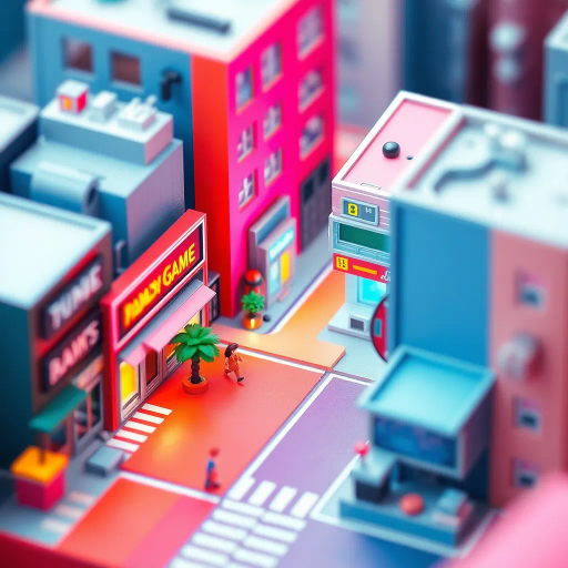 miniature scale, vibrant colors, retro influences, 8-bit aesthetics, simplistic shapes, chiptune ambiance, nostalgic era, Mondrian-inspired geometry, low-resolution details, playful composition, isometric perspective, urban grid, neon hues, minimalism, video game culture, sprite aesthetics, digital abstraction, dynamic patterns, blocky textures, concise framing, whimsical mood