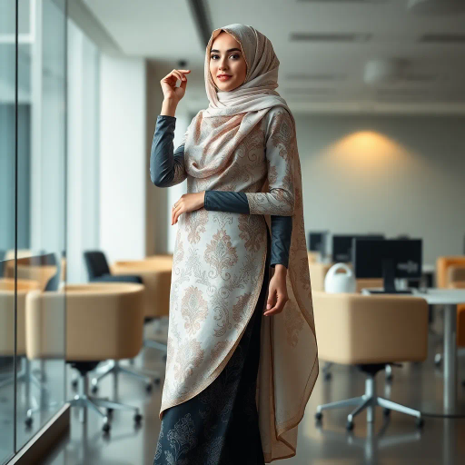 Arab woman, elegant hijab, professional setting, modern workplace, high heels, Middle Eastern culture, contemporary art, intricate patterns, vibrant colors, soft lighting, dynamic pose, cultural expression, delicate fabrics, office environment, confident demeanor, sophisticated fashion, grace and poise, diverse representation, cultural fusion, empowerment, modernism, Impressionism influences, human form, balance and harmony, Jean-Michel Basquiat inspiration, vibrant brushstrokes, Henri Matisse color palette, delicate textures, fluid movement, artistic elegance, cultural symbolism, refined composition, elegance and sophistication, bold patterns