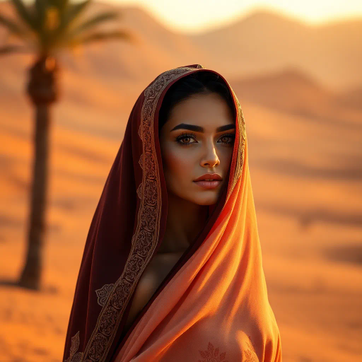 alluring Arab beauty, elegant Arab woman, modern elegance, desert oasis backdrop, Henri Matisse inspiration, Yves Saint Laurent influence, golden hour lighting, chiaroscuro lighting, vibrant colors, warm earth tones, luxurious textures, intricate patterns, traditional Middle Eastern motifs, exotic allure, cultural richness, flowing lines, sensual movement, feminine power, refined grace, harmonious composition, romantic ambiance, visual poetry, timeless grace, captivating portraits, seductive composition, ethereal mood, desert mirage, artistic flair, Arabic cultural motifs, expressive body language, sophisticated minimalism, textural contrast, dynamic perspective, poised demeanor, artistic serenity, contemporary realism, nuanced textures, stylish composition