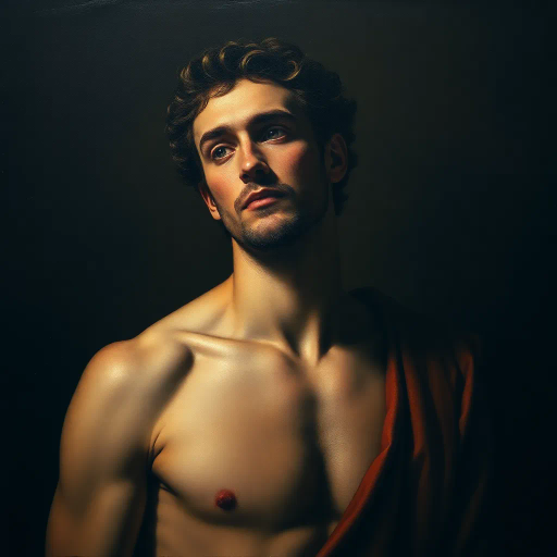 Renaissance, chiaroscuro, man, introspective, human anatomy, Michelangelo, soft shadows, Baroque influences, realistic textures, warm hues, detailed focus, subtle expression, classical pose, dynamic tension, Caravaggio, luminous highlights, human form, thoughtful gaze, naturalistic proportions, intricate details, life-sized scale, contemplative mood, timeless essence, rich fabric, evocative atmosphere, historical context