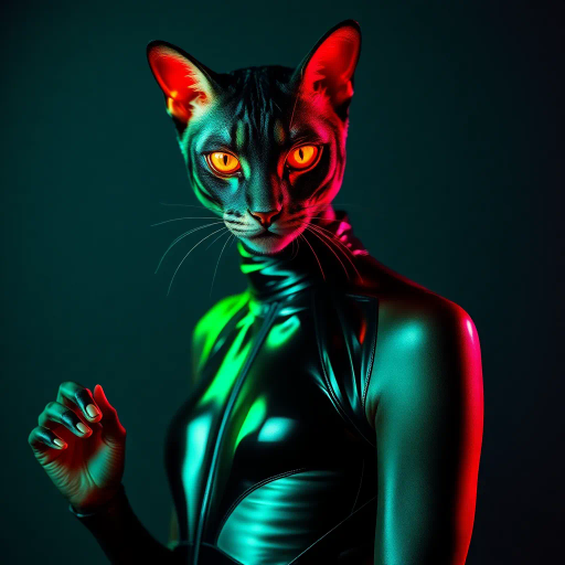 sleek feline attire, futuristic design, avant-garde fashion, vibrant neon colors, dynamic pose, influenced by cyberpunk aesthetics, high contrast lighting, sinuous lines, playful yet mysterious mood, inspired by Franz Marc, sleek textures, glossy materials, intricate patterns, intriguing symbolism, elegance and agility, modern art influences, bold shapes, vibrant energy, captivating allure