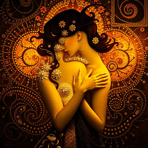 alluring elegance, contemporary fantasy, Gustav Klimt, dramatic lighting, shimmering gold, intricate patterns, ethereal beauty, surreal ambiance, sensual curves, vibrant hues, art nouveau, dreamscape, opulent textures, emotional depth, bold contrast, flowing forms, intimate portrayal, mysterious allure, dynamic composition, timeless enchantment