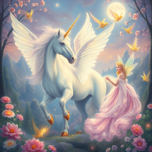 mythical unicorn, enchanting fairies, regal princess, ethereal glow, soft pastels, dreamlike landscape, intricate detail, romanticism, whimsical essence, magical realism, baroque influences, delicate brushstrokes, shimmering textures, enchanted forest, twilight ambiance, ethereal beauty, imaginative composition, vibrant flora, surreal atmosphere, celestial light, fairytale dimension, mythical creatures, gentle aura, serene emotion, opulent attire, mystical symbolism, fantasy narrative, luminous glow, vibrant pastel colors, whimsical landscapes, luminescent wings, flowing gowns, Arthur Rackham, Johan Christian Dahl, ethereal luminosity, dreamy composition, celestial aura, timeless fantasy, iridescent tones, storybook charm, moonlit scenery, shimmering waterfalls, stardust, mystical ambiance