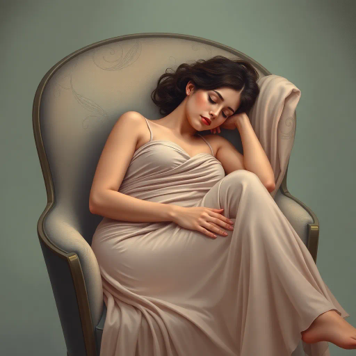 serene woman, peacefully sleeping, stylish chair, art nouveau, soft lighting, muted pastels, ethereal quality, dreamlike atmosphere, modern surrealism, James Jean influence, gentle curves, delicate textures, harmonious composition, introspective mood, elegant posture, flowing drapery, tranquil expression, fluid lines, balance and harmony, contemporary twist, subtle symbolism, soft focus, gentle transition, intimate setting, poetic essence, relaxation, vivid imagination
