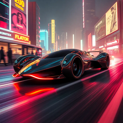 futuristic automobile, sleek aerodynamics, inspired by Syd Mead, H.R. Giger, cybernetic art, dynamic movement, vibrant neon lights, high contrast shadows, aerodynamic curves, metallic and glossy textures, immersive depth, urban dystopian landscape, night setting, bold color palette, capturing speed and energy, avant-garde design, technological elegance, dramatic angles, synthwave and cyberpunk aesthetic, expansive composition, chrome reflections, smooth curves, kinetic energy, retro-futuristic elements, racing spirit, enhanced reality, cultural fusion, innovation, modern aesthetics, illuminated cityscape, art deco influences