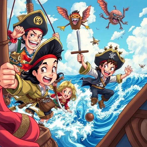 high seas adventure, vibrant characters, Oda Eichiiro inspiration, dynamic motion, detailed nautical elements, eastern influences, imaginative worlds, expressive emotions, bold line work, rich color palette, swashbuckling action, grand scale, whimsical fantasy, piratical themes, legendary quests, stylized caricatures, character development, heroic journey, camaraderie, treasure hunting, mythical creatures, ocean vistas, diverse cultures, youthful exuberance, storytelling depth, visual humor, intense battles