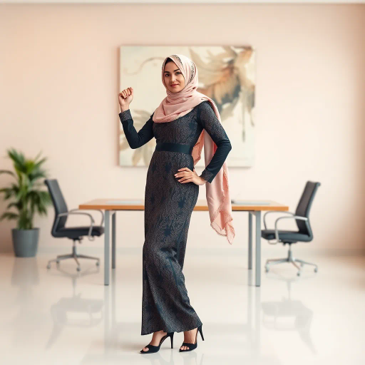 Arab woman, elegant hijab, professional setting, contemporary art, intricate patterns, vibrant colors, soft lighting, dynamic pose, cultural expression, delicate fabrics, confident demeanor, sophisticated fashion, grace and poise, diverse representation, cultural fusion, empowerment, modernism, Impressionism influences, balance and harmony, Middle Eastern culture, modern workplace, high heels, office environment, human form, delicate symmetry, intricate textures