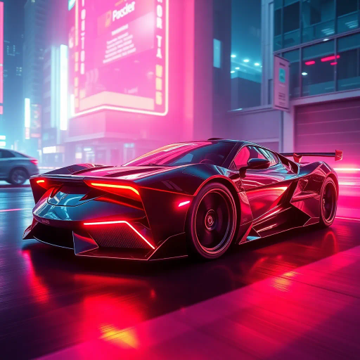 sleek sports car, futuristic design, synthwave aesthetic, vibrant neon colors, dramatic lighting, dynamic angles, glossy finish, cyberpunk influence, speed and motion, urban environment, atmospheric glow, night scene, reflections, cutting-edge technology, streamlined form, retro-futuristic elements, contrast and depth, racing spirit, digital landscape, visual impact