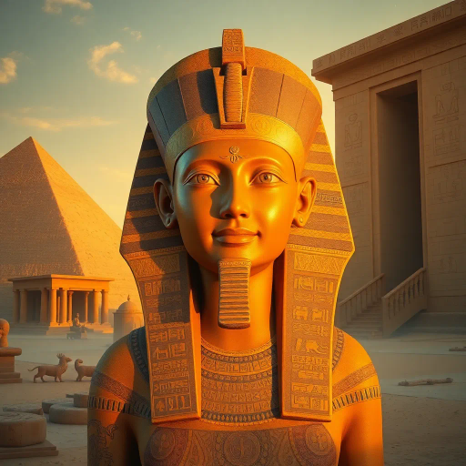 ancient Egypt, mysticism, pharaohs, intricate hieroglyphs, pyramids, desert symbolism, vivid ochre hues, alabaster textures, golden sunlight, Howard Carter influences, spiritual resonance, Nile River motifs, celestial alignment, ethereal glow, tomb artistry, enigmatic smile, papyrus scrolls, cultural heritage, sandstone structures, architectural grandeur, eternal legacy, transformative power, mystical landscapes, Jean-Léon Gérôme, golden hour lighting, intricate stone carvings, mythical creatures, Nefertiti-inspired elegance, grand temples, vibrant turquoise, historic depth, symbolic resonance, sacred ritual, atmospheric depth, mysterious allure, time-worn textures, ornate jewelry, celestial constellations, epic scale