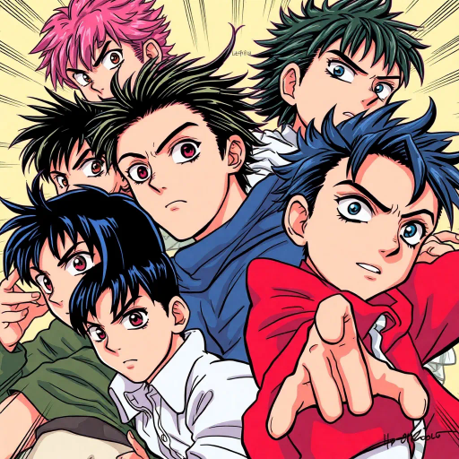 dynamic characters, intricate storylines, vibrant colors, expressive eyes, Japanese influence, manga artists like Rumiko Takahashi, bold lines, dramatic angles, emotional depth, intricate backgrounds, storytelling, cultural motifs, fantasy elements, youthful energy, cel shading, high contrast, action-packed scenes, panel composition, movement and motion, contemporary setting, exploration of themes, character development, symbolic imagery, dialogue-driven, rich textures