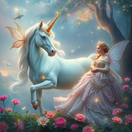 mythical unicorn, enchanting fairies, regal princess, ethereal glow, soft pastels, dreamlike landscape, intricate detail, romanticism, whimsical essence, magical realism, baroque influences, delicate brushstrokes, shimmering textures, enchanted forest, twilight ambiance, ethereal beauty, imaginative composition, vibrant flora, surreal atmosphere, celestial light, fairytale dimension, mythical creatures, gentle aura, serene emotion, opulent attire, mystical symbolism, fantasy narrative, Claude Monet, luminescent highlights, atmospheric perspective, ornate patterns, otherworldly charm, harmonious palette, enchanting aura, imaginative lore, lush greenery