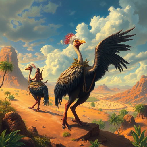 prehistoric warriors, clad in animal skins, riding cassowaries, desert oasis, expansive horizons, vibrant colors, surreal landscapes, dramatic lighting, intricate textures, ancient mythology, dynamic movement, Jean Giraud influence, Henri Rousseau, Frank Frazetta, whimsical creatures, adventurous spirit, cinematic scale, lush flora, panoramic views, tribal culture, mystical aura, primal energy, mythical narrative, epic adventure, imaginative world-building, expressive brushstrokes, cultural symbolism, ethereal glow, timeless journey, sweeping panoramas, natural elements, symbolic fauna, storytelling composition, rich detail, adventurous mood