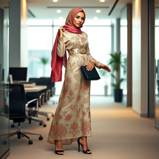 elegant Arab woman, professional attire, hijab, modern workplace, high heels, contrasting cultural fusion, vibrant Middle Eastern influences, contemporary art style, dynamic composition, intricate patterns, vibrant color palette, soft ambient lighting, dynamic posing, cultural expression, delicate textiles, confident and empowering presence, grace, poise, diverse representation, fusion of modern and traditional elements, Impressionism influences, human form depiction, advanced digital techniques, refined textures, bold symbolism, artistic influences, balance, harmony, surreal lighting, empowered femininity, Gustav Klimt inspiration, Art Nouveau elegance, intricate detailing, cultural narrative, sophisticated sophistication, modernism, representation and empowerment