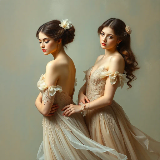 elegant femmes, graceful posture, intricate fashion, ethereal beauty, soft lighting, romantic era, impressionistic brushstrokes, pastel hues, delicate textures, feminine elegance, serene expressions, renaissance influences, flowing fabrics, atmospheric composition, refined aesthetics, timeless allure, enchanting aura, subtle movement, classical themes, captivating allure, harmonious balance, artistic grace, romantic ambiance, delicate sophistication, gentle atmosphere, whispering hues, tranquility, Baroque influences, evocative lighting, nuanced details
