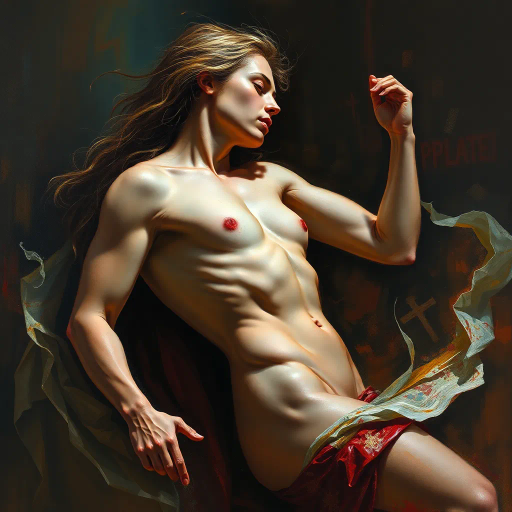meticulous composition, ethereal lighting, vibrant color palette, Baroque influence, sensual expression, dynamic pose, intimate mood, soft textures, chiaroscuro technique, emotional intensity, artistic movement, contemporary twist, human figure, dramatic contrast, fluid line work, Renaissance flair, detailed anatomy, Caravaggio-inspired, bold framing, complex symbolism, expressive brushwork