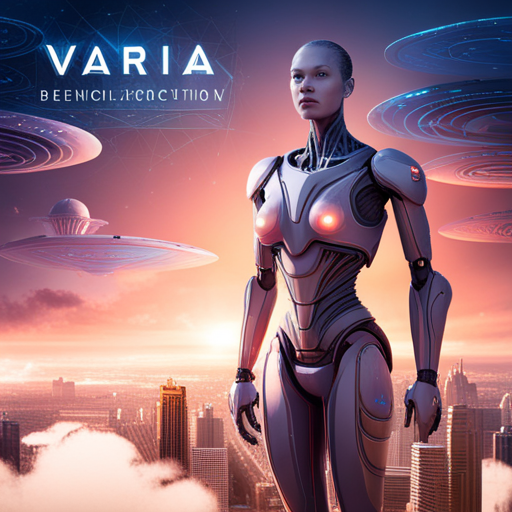 an AI-driven world dominated by giant robotic beings, with vibrant and technologically advanced cities, ethereal landscapes, biomimetic structures, futuristic cyberspace, and a mystical connection between humans and machines