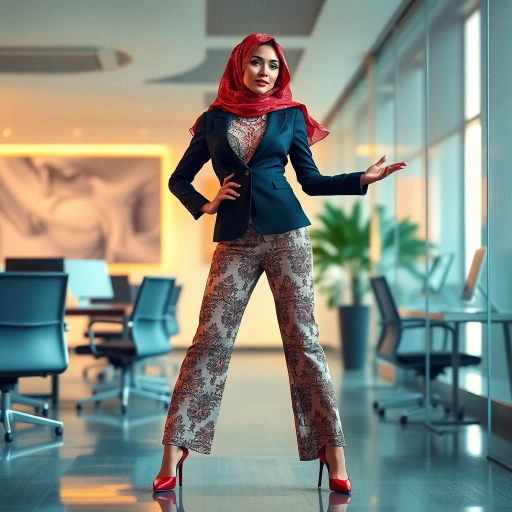 Arab woman, elegant hijab, professional setting, modern workplace, high heels, Middle Eastern culture, contemporary art, intricate patterns, vibrant colors, soft lighting, dynamic pose, cultural expression, delicate fabrics, office environment, confident demeanor, sophisticated fashion, grace and poise, diverse representation, cultural fusion, empowerment, modernism, Impressionism influences, human form, balance and harmony, Jean-Michel Basquiat inspiration, vibrant brushstrokes, Henri Matisse color palette, delicate textures, fluid movement, artistic elegance, cultural symbolism, refined composition, elegance and sophistication, bold patterns