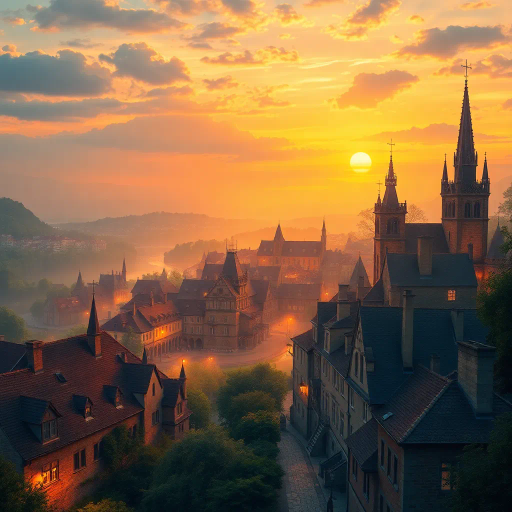 medieval cityscape, glowing twilight, hilltop setting, vibrant colors, Claude Lorrain influence, golden hour lighting, ethereal atmosphere, lush landscapes, towering spires, intricate architecture, cobblestone streets, panoramic views, sweeping vistas, rich texture, romanticism, detailed engravings, enchanting aura, timeless beauty, serene ambiance, historical roots, narrative storytelling, mystical realm, elevated perspective, imaginative vision, fantasy essence, dreamlike setting, magical realism, atmospheric haze, visual poetry, harmonious balance, artistic expression, visionary landscape, enchanting mysticism, ethereal charm, dreamlike quality, opulent detail, Renaissance influence