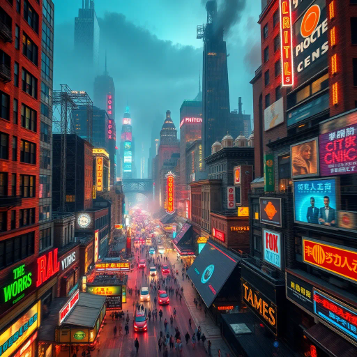 explosion of urban growth, bustling metropolis, vibrant cityscape, industrial revolution, steampunk influence, bustling marketplace, luminous neon lights, chaotic energy, dynamic movement, skyscrapers reaching skyward, impressionism meets futurism, brightly contrasted colors, mixture of brick and steel, time of the roaring twenties, urban sprawl, architectural innovation, culture clash, societal transformation, lively atmosphere, symmetry and chaos, kinetic expression, cinematic framing, modernist lines blending with art deco, vibrant nightlife, pop culture elements, mechanical textures, urban fabric, cross-cultural dynamics, economic boom, city in perpetual motion