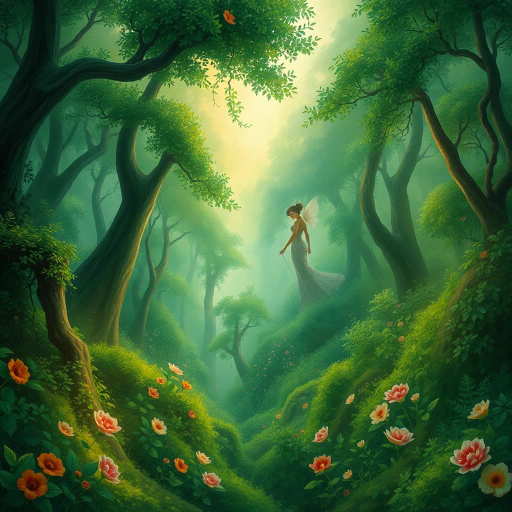 lush verdant landscapes, mystical forests, ethereal light, vibrant greens, Claude Monet influences, Art Nouveau elegance, intricate floral patterns, whimsical creatures, serene ambiance, surreal perspectives, flowing movement, enchanted realms, detailed foliage, rich textures, organic forms, impressionistic brushstrokes, harmonious color palettes, magical realism, depth and layering, dynamic composition, mythical worlds, dreamlike quality, nature's splendor captured