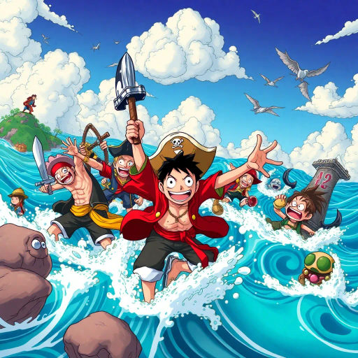 dynamic adventure, spirited pirates, vibrant oceans, Eiichiro Oda, shonen style, exaggerated expressions, vivid storytelling, whimsical landscapes, diverse characters, mythical sea creatures, treasure hunt, camaraderie, epic battles, high seas, golden era of piracy, imaginative world-building, unique islands, adventure spirit, nautical themes, bold line art, colorful palette, heroic journey, anime aesthetics, cultural references, daring exploration, grand narrative, legendary saga