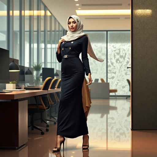 Arab lady, hijab, professional setting, elegance, modern workplace, high heels, grace, long legs, contemporary fashion, vibrant colors, Henri Matisse, impressionistic lighting, cultural fusion, confident composition, smooth textures, chic office attire, dynamic pose, minimalistic design, elegance, bustling office, refined aesthetics, empowerment, subtle sophistication, urban environment, creative space, harmony in diversity, timeless beauty, lateral perspective, graceful movement, cross-cultural artistry, sleek lines