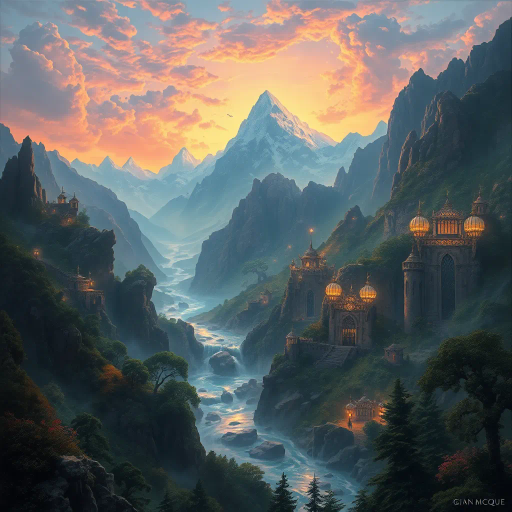 ethereal landscapes, majestic mountains, Ian McQue, surrealism, twilight glow, luminescent hues, intricate details, mythical creatures, dreamlike atmosphere, flowing rivers, vivid contrast, enchanting forests, otherworldly structures, celestial skies, vibrant fauna, layered composition, immersive perspective, dynamic movement, whimsical charm, ancient legends, expansive vistas, artistic wonder, tonal depth, vivid imagination, inspired by folklore, timeless beauty, captivating elements, meticulous craft, wondrous journey, magical realism