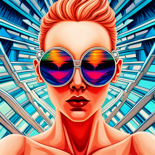glitch art, cyberpunk, neon lights, Burning Man, rave culture, retrofuturistic, post-apocalyptic, fusion, biomechanical, metallic accents, sunglasses, dystopian, distorted, augmented reality, High-tech eyewear, Fire-inspired fashion, Futuristic festival, radial symmetry, burnt orange, UV protection, industrial chic, multidimensional shapes
